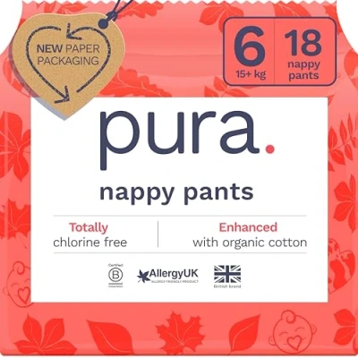 Imagen de Pura Eco Nappy Pants Size 6 (15kg+), 18 Nappies, Pull Up Disposable Baby Nappies for Sensitive &amp; Allergy Prone Skin, Hypoallergenic, Fragrance Free, Easy Tear Side, New Guide