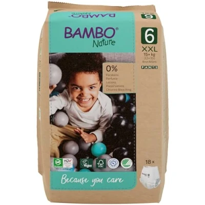 Imagen de Bambo Nature Pañales talla 6 (15+ kg) 18 unidades tipo braguita con protección mejorada contra derrames Máximo confort para los bebés activos Dermatológicamente probados