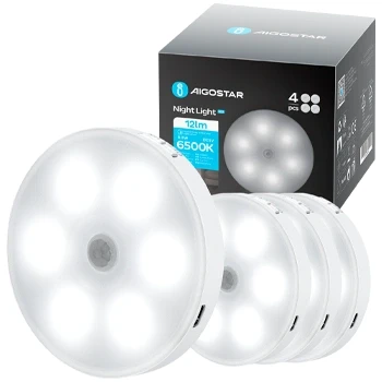 Imagen de Aigostar 4 Piezas 6500K Luz Nocturna Magnética LED con Sensor de Movimiento, Armario Adhesiva USB Recargable, 0.5W Noche para Habitación, Pasillo, Cocina, Escaleras