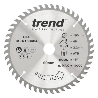 Imagen de Trend CraftPro Hoja de sierra TCT corte transversal, ideal para sierras circulares/de inmersión, 160 mm x 48 dientes 20 diámetro interior, con punta carburo tungsteno, CSB/16048