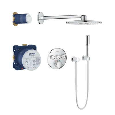 Imagen de GROHE Grohtherm SmartControl Set ducha termostática (ducha mural redonda 31cm con 2 chorros, termostato empotrado, teleducha stick soporte y flexo), listo para instalar, cromo, 34705000
