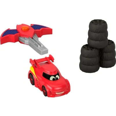 Imagen de Fisher Price DC Batwheels Coche de carreras juguete a escala 1:55, vehículo lanzamiento Redbird con accesorios choque para mayores 3 años, HRJ55