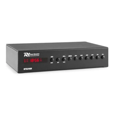 Imagen de Power Dynamics WT240A Amplificador estéreo con WiFi, Bluetooth, Sistema Multi Sala, ethernet RJ45, Entrada Mini Jack, USB, 10 presets Personalizables, Mando a Distancia, Salida RCA.