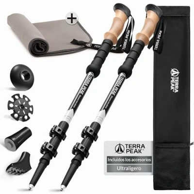 Imagen de Terra Peak bastones de senderismo telescópicos aluminio extensibles, ultraligeros, trekking y marcha nórdica ajustables para hombre mujer con tope goma, mango