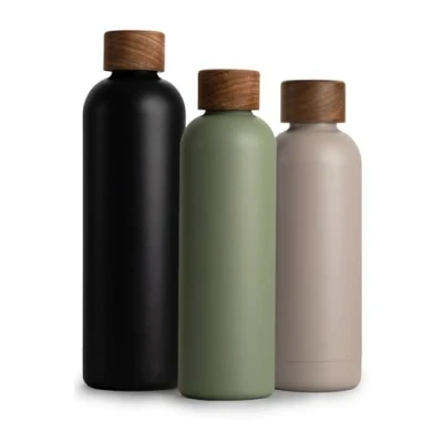 Imagen de T&amp;N Botella térmica de acero inoxidable 750 ml, con tapa madera acacia, aislamiento, a prueba fugas, ácido carbónico, color verde oliva