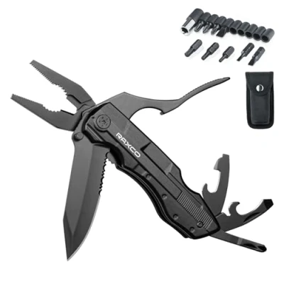 Imagen de RAXCO Navaja Multiusos, herramienta multiusos 18 en 1, funda transportadora de cuchillo supervivencia cinturon, Destornillador para acampar, actividades al aire libre, caminatas, pesca y más