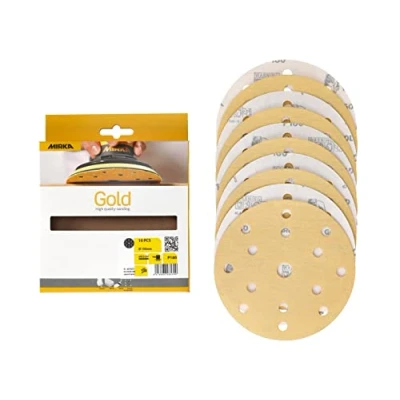 Imagen de Mirka Gold Papel de lija universal Ø 150mm Discos lijado con velcro 15 agujeros, grano P180, 10 piezas / Para lijar yeso, masilla, aglomerado, madera, barniz
