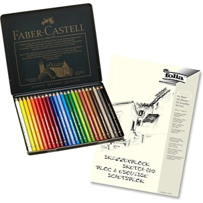 Imagen de Faber Castell 110024 Lapices de colores policromo, estuche metal 24 unidades + bloc bocetos A4