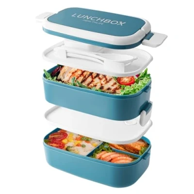 Imagen de Beeptrum Fiambrera Bento Apilable,Envases de 1500ml con 4 Compartimentos y Cubiertos, Cajas 2 Capas a Prueba Fugas, para Adultos Niños Oficina, Apta Microondas Lavavajillas(Azul)