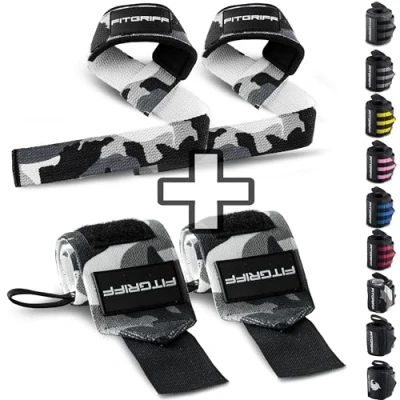 Imagen de Fitgriff® Straps y Muñequeras para Gym (1 Conjunto) Accesorios Gimnasio, Musculacion, Fitness Hombre Mujer (Camo)