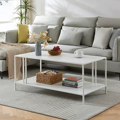 Imagen de [en.casa] Mesa de Centro Rectangular con 1 Estante Café para Salón Sala Espera Despacho Diseño Industrial Metal 47 x 110 55 cm Blanco