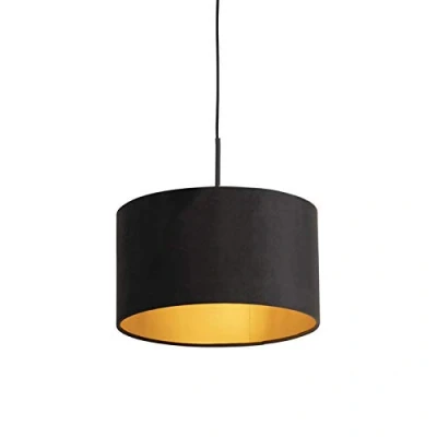 Imagen de Qazqa Clásico/Antiguo Lámpara colgante pantalla terciopelo negra oro 35cm COMBI Acero/Textil Cilíndra/Alargada/Redonda Adecuado para LED Max. 1 x 60 Watt
