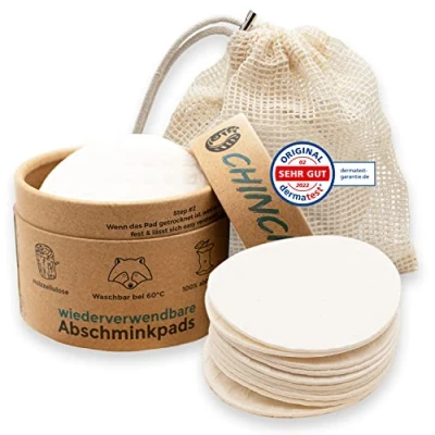 Imagen de Chinchilla® Toallitas desmaquillantes lavables, paquete de 10 unidades, almohadillas algodón celulosa madera, incluye bolsa fabricadas en Alemania, reutilizables