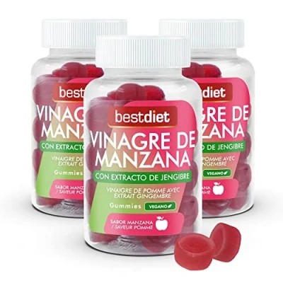Imagen de BestDiet Gummies Vinagre de Manzana Complemento alimenticio Vegano formato caramelos goma con Y Jengibre Reduce el Colesterol antioxidante Pack 3 botes 180gr