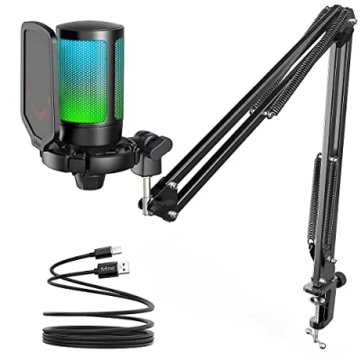 Imagen de FIFINE Gaming Microfono para PC USB, RGB Kit de Micrófono Condensador Ordenador PS4 PS5, con Botón Silencio, Filtro Anti Pop, Soporte Choque,
