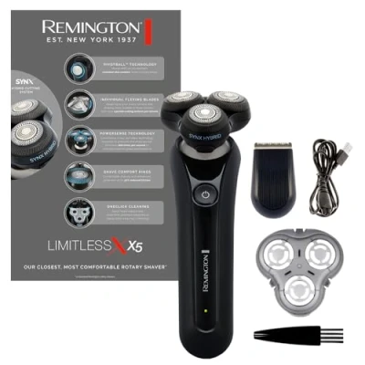 Imagen de Remington XR1755 Afeitadora Rotativa y Láminas 2 en 1 X5 Limitless X, sistema de corte híbrido SynX, inalámbrica, recargable, uso seco/mojado, recortador precisión, Pivotball 360