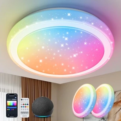 Imagen de Aigostar Mesh Plafon LED Techo Bluetooth Mesh, 36W, 3960LM, 3000K 6500K y RGB regulable, IP44, Φ50CM, Plafón Inteligente Compatible con Alexa, Lampara Alexa para Salon/Dormitorio, 2Uds