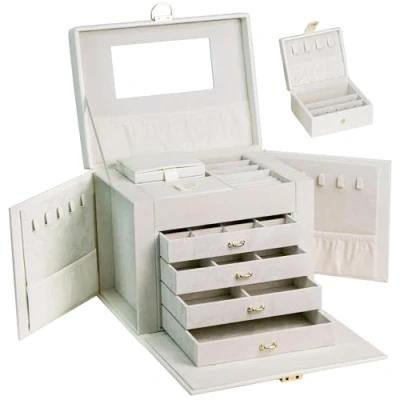 Imagen de ADEL DREAM Joyero grande con cerradura de 5 niveles cajones espejo para anillos, pendientes, collares y pulseras, elegante clásico Blanco 26x19x21.8cm