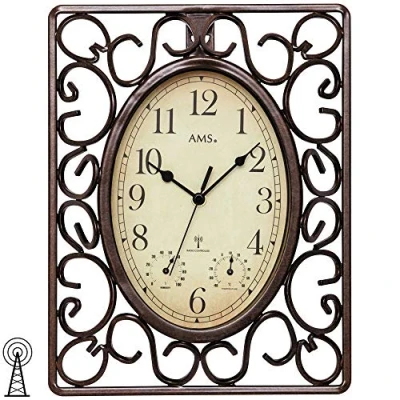 Imagen de AMS 5976 Reloj de pared radiocontrolado por radio, marrón, rectangular, antiguo, vintage, retro, termómetro