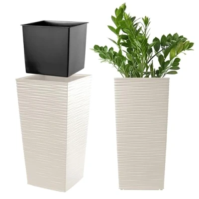 Imagen de KADAX Macetero Alto de Diseño Moderno para Plantas Interior y Exterior, Maceta Grande Plástico, Jardinera Alta (Texturizado, Crema, 36 cm)