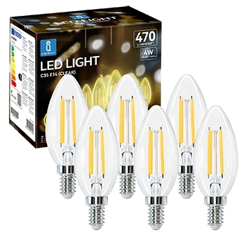 Imagen de Aigostar Bombilla LED E14 Vela Edison, 4W Equivalente a 40W, Luz Cálida 2700K, 470 Lúmenes, Vintage Decorativa C35 de Filamento, No Regulable, Cristal transparente, Pack 6