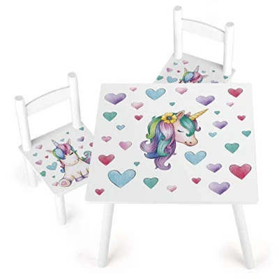 Imagen de Leomark Conjunto Infantil de Mesa y 2 Sillas Madera, Juego Blanco Muebles Infantiles para Niños, Estable, Diversión Aprendizaje, Fácil Montaje, Motivo: Unicornio, Altura: 42 cm