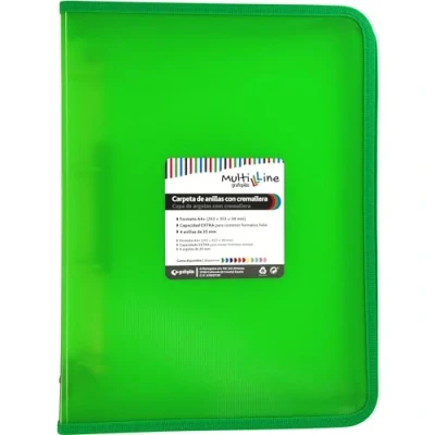 Imagen de Grafoplás Carpeta de Anillas con Cremallera A4+, Verde, Multiline, 4 Mixtas 25mm, Cubierta Polipropileno Rayado Vertical, Capacidad Extra para Hojas Papel Formato Folio