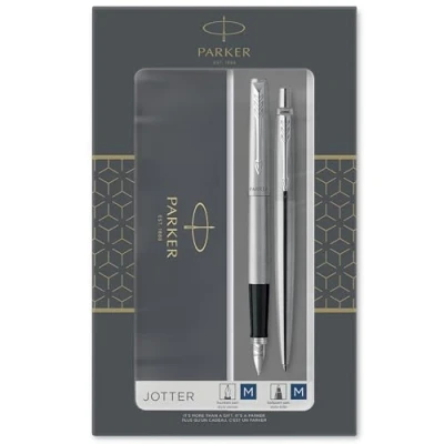 Imagen de Parker Jotter set de regalo doble con bolígrafo y pluma estilográfica, acero inoxidable adorno cromado, cartuchos recambio tinta azul, estuche