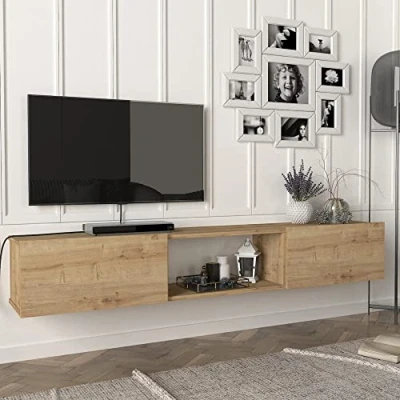 Imagen de [en.casa] Mesa TV Flotante Mueble de Salón Suspendido con 3 Compartimientos 2 Puertas Abatibles Aglomerado 180 x 31 30 cm Roble