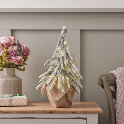 Imagen de Lights4fun Árbol de Navidad Nevado Iluminado 40 cm con LED a Pilas y Temporizador Decoración Navideña para Interiores