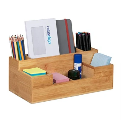 Imagen de Relaxdays Organizador Escritorio Bambú, 7 Compartimentos, Almacenamiento Madera Oficina, Cocina, 11 x 30 15cm, Natural, 1 Unidad