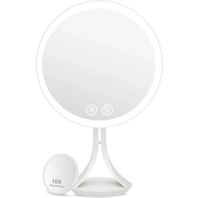 Imagen de Auxmir Espejo Maquillaje con Luz Recargable 2000mAh, Sobremesa USB, Control Táctil, Aumento 10X, 3 Colores y Brillo Regulable, para Afeitado Cuidado Facial, Blanco
