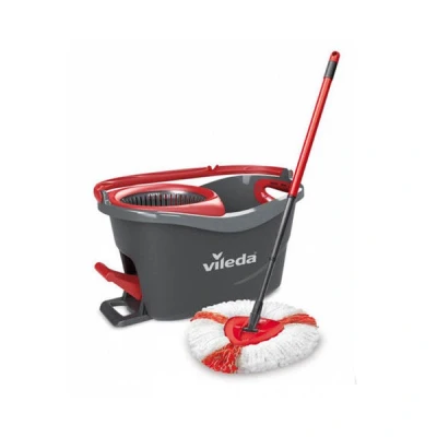 Imagen de Vileda Easy Wring &amp; Clean Turbo Set de limpieza para el hogar, cubo con pedal y fregona microfibra, fácil escurrir limpiar, palo telescópico, color negro rojo