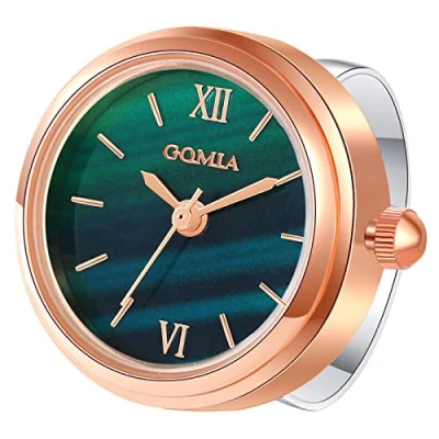 Imagen de JewelryWe Reloj Dedo, de Dedo para Mujer Caja Redonda Moda Escala Números Romanos Anillo Ajustable 3ATM Resistente al Agua Concha Oro Rosa Superficie Verde