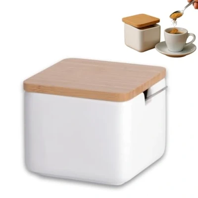 Imagen de KOOK TIME azucarero original cerámica con tapa de madera Bambú y Cucharilla acero inoxidable Uso ideal como salero Medidas: 10 x 9 cm. color: Blanco