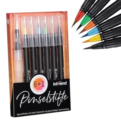 Imagen de int!rend Juego de 7 rotuladores con pincel I 6 colores acuarela, 1 depósito agua Set inicio óptimo Brush Pen, lápices punta flexible, diarios, caligrafía