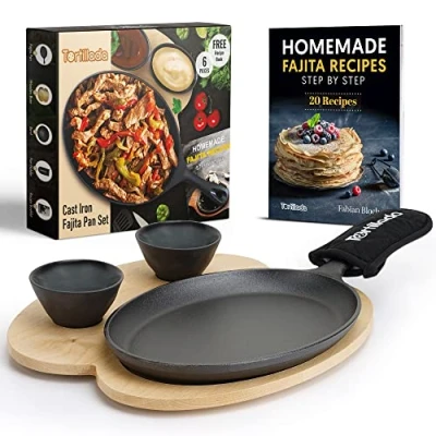 Imagen de Tortillada Juego de Sartén Hierro Fundido 25 cm para Fajitas Incluye Bandeja Madera servir + 2 Cuencos Cerámica dipear (Set of 1)