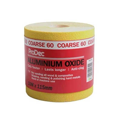 Imagen de ProDec Rollo de papel lija abrasivo óxido aluminio amarillo grado grueso grano 60 para lijar madera, pintura, yeso, relleno, metal y más, 115 mm ancho compatible con