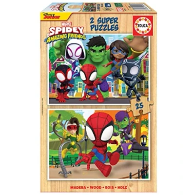 Imagen de Educa 2x25 Spidey &amp; His Amazing Friends, 2 Puzzles de Madera ecológica Resistente con 25 Piezas Cada uno, diversión por Partida Doble, Medidas: 26 x 18 cm, A Partir 3 años (19289)
