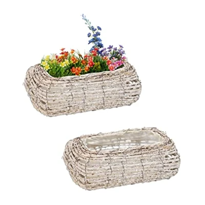 Imagen de Relaxdays Maceta, Set 2, Ratán, Macetero con Plástico, 10 x 25 15 cm, Cestas para Plantas de Interior, Blanco/Natural, Hierro, 2 Unidades