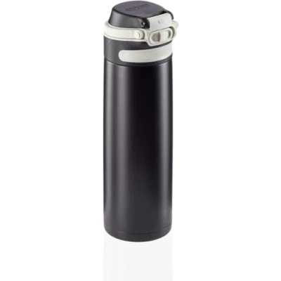 Imagen de Leifheit Vaso térmico Flip (600 ml) con tapón de rosca, taza hermética bloqueo adicional contra fugas, termo portátil, uso una mano, negro