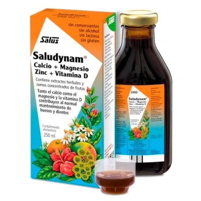 Imagen de Salus Saludynam Complemento Alimenticio 250 ml Contribuye al Mantenimiento de Huesos y Dientes Contiene Calcio, Magnesio, Zinc, Vitamina D, Extractos Herbales Zumos Frutas