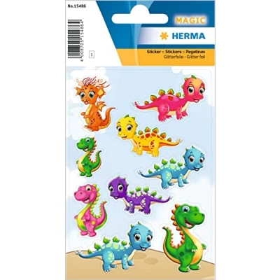 Imagen de HERMA 15486 Pegatinas con purpurina para niños, diseño de dinosaurios pequeños (9 pegatinas, lámina brillante, autoadhesivas, permanentes, niñas y multicolor