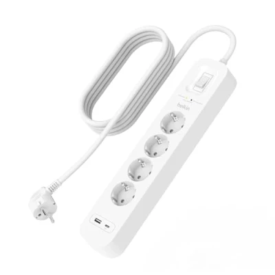 Imagen de Belkin regleta Enchufe USB con protección contra sobretensiones de 4 enchufes, Montaje en Pared, Cable 2 m, luz Estado, 1 Puerto C PD Carga rápida, A y Defensa 525 Julios