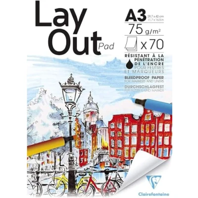 Imagen de Clairefontaine 96534C Bloc Encollé Papier Layout 70 Feuilles Blanc Uni Extra Lisse A3 29,7x42 cm 75g idéal pour le Dessin au Feutre à Alcool