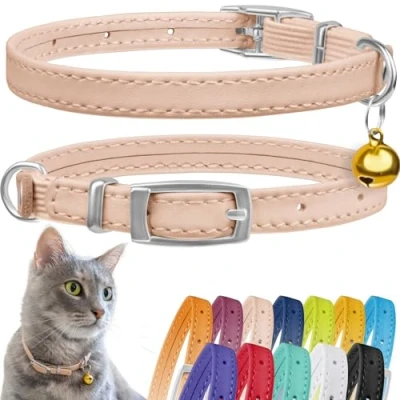 Imagen de CollarDirect Collar de Piel para Gato, Seguridad Gato con Correa elástica, Gatito Campana, Negro, Azul, Rojo, Naranja (Cuello 6 a 7 Pulgadas, Beige)