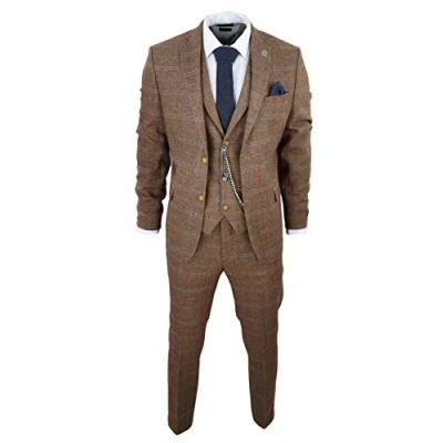 Imagen de Traje de 3 piezas lana tweed espiga marrón azul cuadros 1920s Gatsby formal trajes vestir, Roble, 50 cm