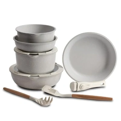 Imagen de BERGNER Click&amp;Cook Batería de Cocina, Mango Extraible 2 Sartenes, Cazos, 1 Sartén Honda, Tapas, Utensilios, Fabricada en Aluminio Fundido, Revestimiento Antiadherente Mármol Beige, 10 pieza