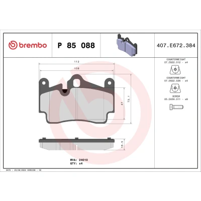 Imagen de BREMBO P 85 088 Juego de pastillas freno preparado para indicador desgaste Chapa antichirridos con pesos equilibrio, sin accesorios