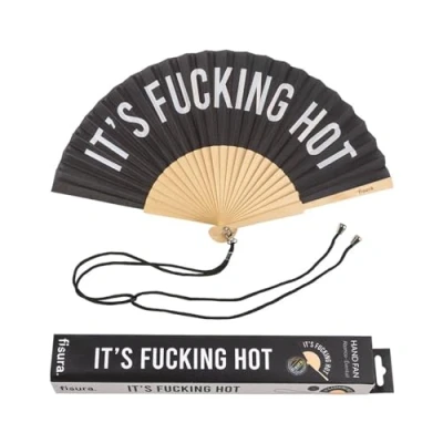 Imagen de Fisura Abanico original con mensaje “f*cking hot. de Madera moderno y gracioso. negro blanco. Medidas: 42,5 x 23 cm. textil.